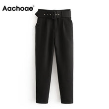 Load image into Gallery viewer, Office Lady Black Suit Pants with Belt Women High Waist Solid Long Trousers Fashion Pockets Pants Trousers Pantalones