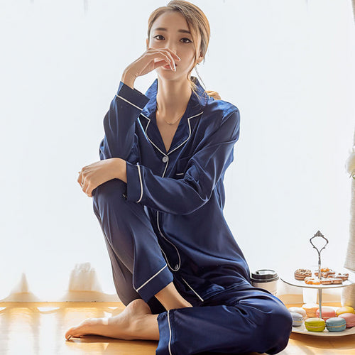 Womens Silk Satin Pajamas Pyjamas Set Long Sleeve Sleepwear Pijama Pajamas Suit Female Sleep Two Piece Set Loungewear Plus Size