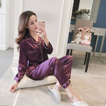 Load image into Gallery viewer, Womens Silk Satin Pajamas Pyjamas Set Long Sleeve Sleepwear Pijama Pajamas Suit Female Sleep Two Piece Set Loungewear Plus Size