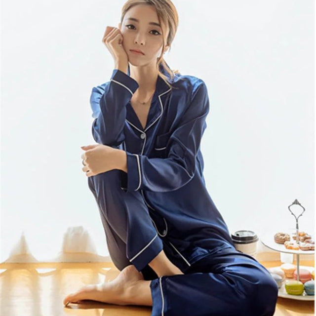 Womens Silk Satin Pajamas Pyjamas Set Long Sleeve Sleepwear Pijama Pajamas Suit Female Sleep Two Piece Set Loungewear Plus Size