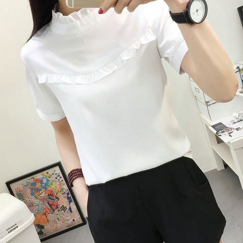 Women Chiffon Blouse Spring Summer Elegant O-Neck Ladies Office Shirts Korean Fashion Casual Slim Tops Solid Color