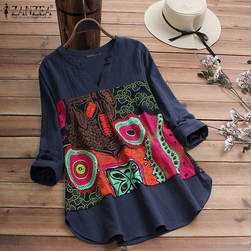 2019 ZANZEA Casual Cotton Blouse Women V Neck Long Sleeve Tunic Tops Autumn Vintage Printed Patchwork Loose Shirts Female Blusas
