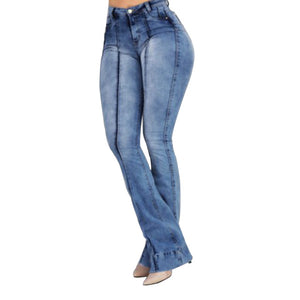 2020  Women's Jeans Casual Slim Stretchy Denim  Waist Jeans Oversized Long Flare Pants Light Blue Trousers for Women
