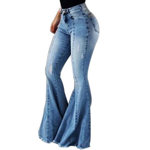 2020  Women's Jeans Casual Slim Stretchy Denim  Waist Jeans Oversized Long Flare Pants Light Blue Trousers for Women