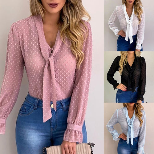 DIHOPE Summer Chiffon Tops Women Pink Blouses and Shirt New Sweet Office Style Women Long Sleeve Shirt blusas mujer de moda 2020