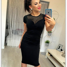 Load image into Gallery viewer, New 2020 Women Fashion Casual Black Bodycon Zipper Dress Short-Sleeve O-Neck Mesh Sheer Spliced Summer Midi Pencil Party Dress