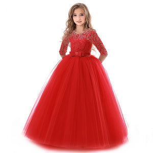 New Princess Lace Dress Kids Flower Embroidery Dress For Girls Vintage Children Dresses For Wedding Party Formal Ball Gown 14T