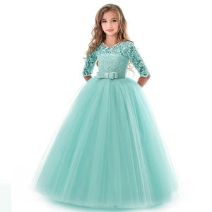New Princess Lace Dress Kids Flower Embroidery Dress For Girls Vintage Children Dresses For Wedding Party Formal Ball Gown 14T