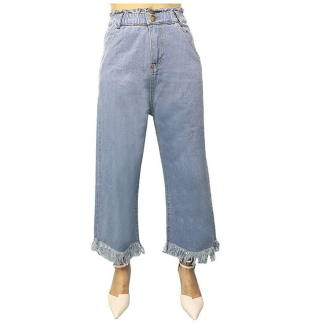 Women Denim High Waist Jeans Wide Tessel Leg Pants Vintage Baggy Pants Casual Loose Full Length Pants Palazzo Retro Trousers