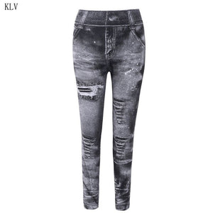 Women 2020 Imitation Distressed Denim Jeans Leggings Casual High Waist Slim Elastic Pencil Pants