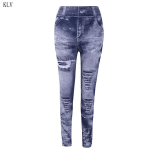 Women 2020 Imitation Distressed Denim Jeans Leggings Casual High Waist Slim Elastic Pencil Pants