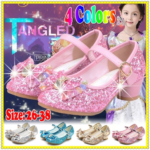 Princess Kids Leather Shoes for Girls Flower Casual Glitter Children High Heel Girls Shoes Butterfly Knot Blue Pink Silver