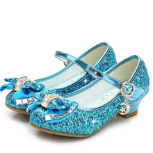 Load image into Gallery viewer, Princess Kids Leather Shoes for Girls Flower Casual Glitter Children High Heel Girls Shoes Butterfly Knot Blue Pink Silver
