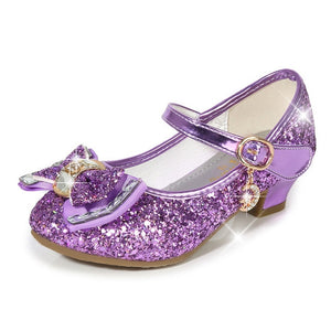 Princess Kids Leather Shoes for Girls Flower Casual Glitter Children High Heel Girls Shoes Butterfly Knot Blue Pink Silver