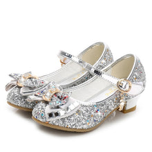 Load image into Gallery viewer, Princess Kids Leather Shoes for Girls Flower Casual Glitter Children High Heel Girls Shoes Butterfly Knot Blue Pink Silver