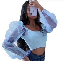 Load image into Gallery viewer, Ladies Puff Sleeve Crew Neck Mesh Spliced Shirt Women Cropped Tube Tops Loose Baggy Casual Blouse Shirts Fashion Top