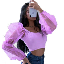 Load image into Gallery viewer, Ladies Puff Sleeve Crew Neck Mesh Spliced Shirt Women Cropped Tube Tops Loose Baggy Casual Blouse Shirts Fashion Top