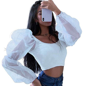 Ladies Puff Sleeve Crew Neck Mesh Spliced Shirt Women Cropped Tube Tops Loose Baggy Casual Blouse Shirts Fashion Top