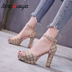 Women's Summer Plaid Sandals Cloth Sexy High Quality Outsid Ladies Shoes Color Matching High Heels Shoes Platform heels summer