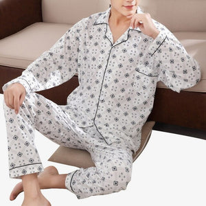 Men Pyjama Set Cotton Spring Long Sleeve Print Pajama Suits Autumn Nightwear Turndown Sleepwear Male Two Piece 3XL