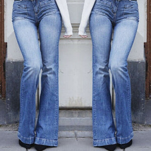 Women High Waisted  Long Flare Denim Jeans Stretchy Slim Pants Slim Button Pockets Wide Leg Pants Plus Size 3XL Light Blue