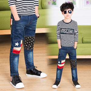 Children denim pants big boys slim jeans 2019 fashion kids trousers spring child pencil leggings american flag designed clothes