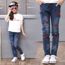 Load image into Gallery viewer, Kids Girls Jeans Pants 2019 Spring Kids Girls Pants Slim Embroidered lip print Girl Jeans Skinny Jeans Children Denim Trousers