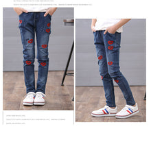 Load image into Gallery viewer, Kids Girls Jeans Pants 2019 Spring Kids Girls Pants Slim Embroidered lip print Girl Jeans Skinny Jeans Children Denim Trousers