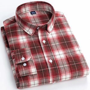 Men's Casual Brushed Flannel Plaid Checkered Shirts Single Patch Pocket Long Sleeve Standard-fit Thick Gingham Button-down Shirt