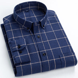 Men's Casual Brushed Flannel Plaid Checkered Shirts Single Patch Pocket Long Sleeve Standard-fit Thick Gingham Button-down Shirt