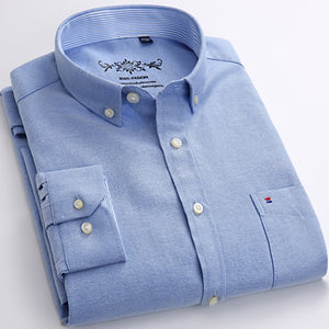 Mens Long Sleeve Solid Oxford Dress Shirt with Left Chest Pocket High-quality Male Casual Regular-fit Tops Button Down Shirts