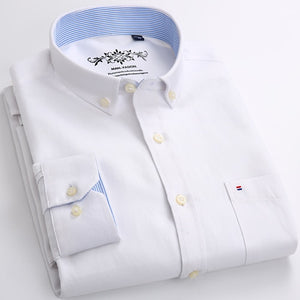 Mens Long Sleeve Solid Oxford Dress Shirt with Left Chest Pocket High-quality Male Casual Regular-fit Tops Button Down Shirts