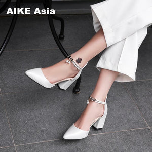 HOT Dress Shoes High Heels Boat Shoes Wedding Shoes tenis feminino  Summer Women Shoes Pointed Toe Pumps Side with Pearl 7.5CM