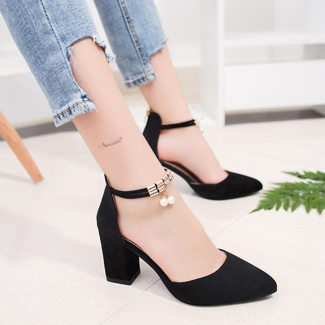 HOT Dress Shoes High Heels Boat Shoes Wedding Shoes tenis feminino  Summer Women Shoes Pointed Toe Pumps Side with Pearl 7.5CM