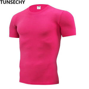 TUNSECHY Fashion pure color T-shirt Men Short Sleeve compression tight Tshirts Shirt S- 4XL Summer Clothes Free transportation