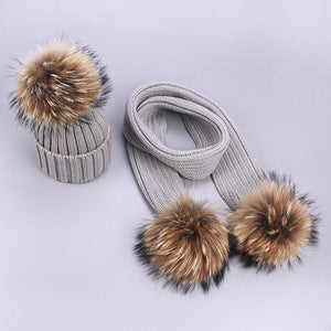 Parent-Child Caps Cute Infant Baby Pompon Winter Hat Scarf Sets Real Natural Fur Ball Caps Mother Kids Warm Knitted Hats Beanies