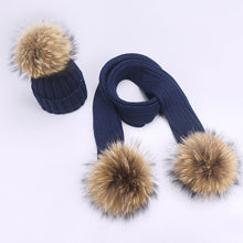 Load image into Gallery viewer, Parent-Child Caps Cute Infant Baby Pompon Winter Hat Scarf Sets Real Natural Fur Ball Caps Mother Kids Warm Knitted Hats Beanies