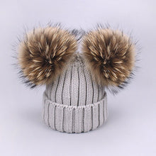 Load image into Gallery viewer, Parent-Child Caps Cute Infant Baby Pompon Winter Hat Scarf Sets Real Natural Fur Ball Caps Mother Kids Warm Knitted Hats Beanies