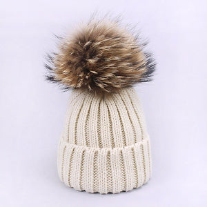 Parent-Child Caps Cute Infant Baby Pompon Winter Hat Scarf Sets Real Natural Fur Ball Caps Mother Kids Warm Knitted Hats Beanies