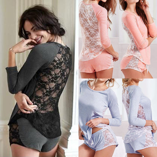 Tops Sleeve Shorts Pajamas Set Loungewear Pajamas Clothing Set Outfits Women Ladies Cotton Lace Sleepwear Nightwear