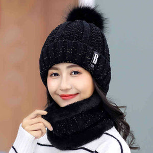 Warm winter skullies beanies knitted Hat Women Brand High Quality Winter Women Ball Ski wool Fur Hat PomPoms Hats knitted scarf