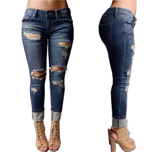 Women Trousers Destroyed Ripped Distressed Hole Slim Casual Pants Boyfriend Jeans