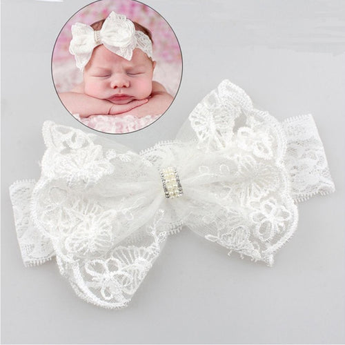 Withe Lace Crystal Bow Flower Baby Headbands for girl Elastic Baby Accessories Kids headwear Newborn hairbands photography prop