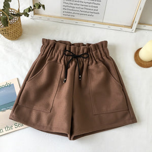 New Women Shorts Autumn and Winter High Waist Shorts Solid Casual Loose Thick Warm Elastic Waist Straight Booty Shorts Pockets