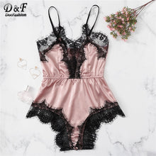 Load image into Gallery viewer, Dotfashion Pink Lace Trim Romper Bodysuit Sexy Onesies For Adults Women 2019 Summer Satin One Piece Pajamas Teddies Loungewear