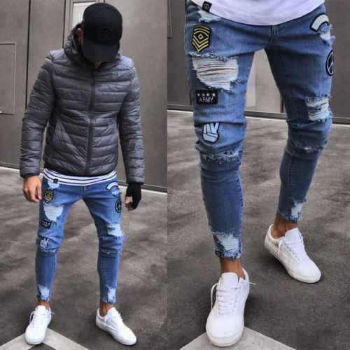 Thefound Mens Stretchy Ripped Skinny Biker Jeans Destroyed Taped Slim Fit Fashion Denim Pant USA