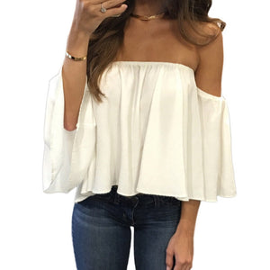 Stylish Women Off Shoulder Casual Blouse Shirt Tops Strapless Pure Color Bell Puff Sleeve Tops