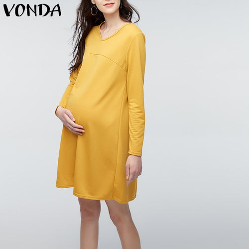 VONDA Maternity Clothing 2019 Women Casual Loose O Neck Long Sleeve Knee-length Pregnant Dress Vestidos Plus Size Vestidos 5XL