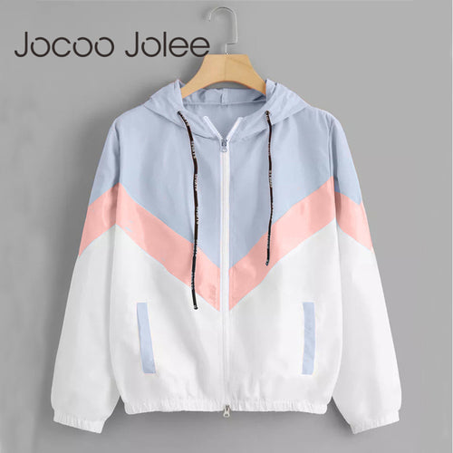 Jocoo Jolee Fashion Hooded Windbreaker Jacket Patchwork Jackets Women Color Block Zipper Jacket 2018 Fall Casual Coats Outerwear