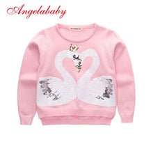 Load image into Gallery viewer, 2019 autumn and winter new girls fashion sequins swan sweater children&#39;s round neck sweater pink shirt kids clothes